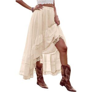 Women's Apricot Maxi Skirt High Low Asymmetrical Lace Ruffle Hem Western Skirt